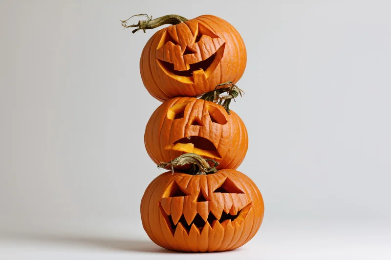 Three carved jack-o-lanterns stacked in a pyramid on a white background