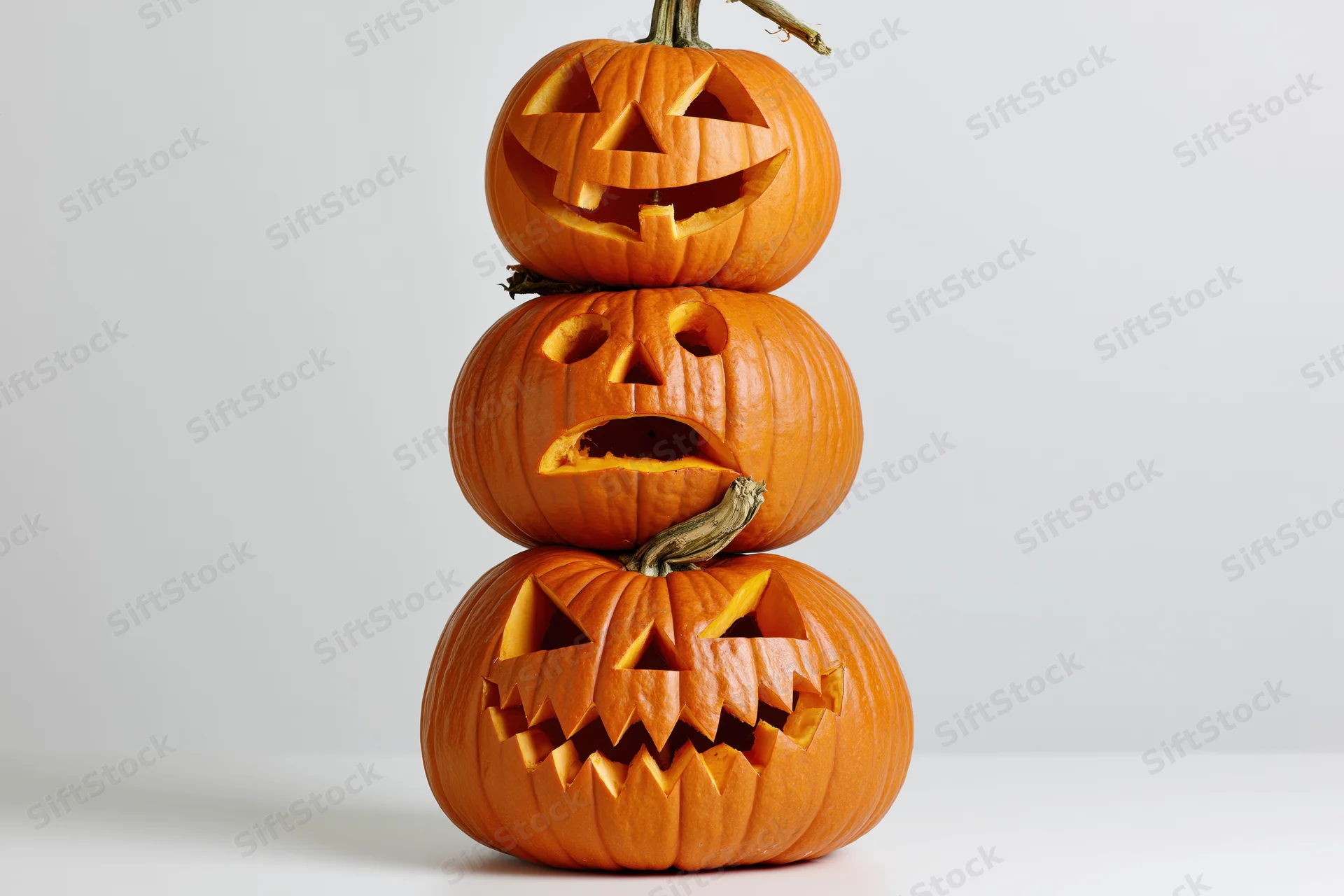 Three carved jack-o-lanterns stacked in a pyramid on a white surface