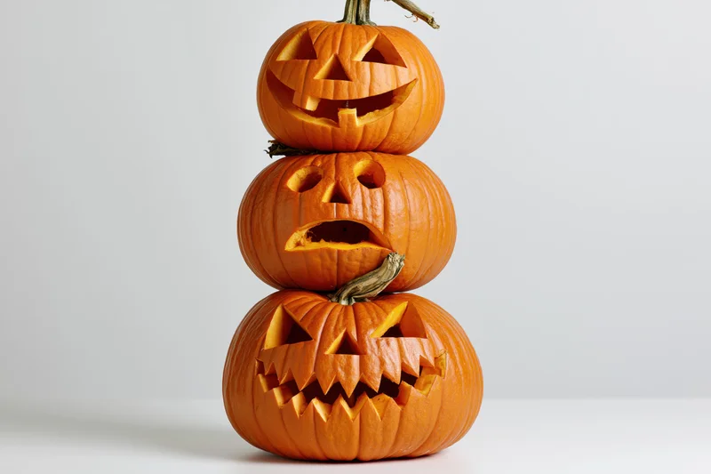 Three carved jack-o-lanterns stacked in a pyramid on a white surface