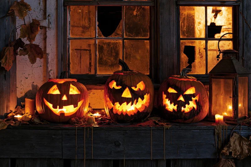 Three carved jack-o-lanterns glowing on a wooden porch sill at night near a window