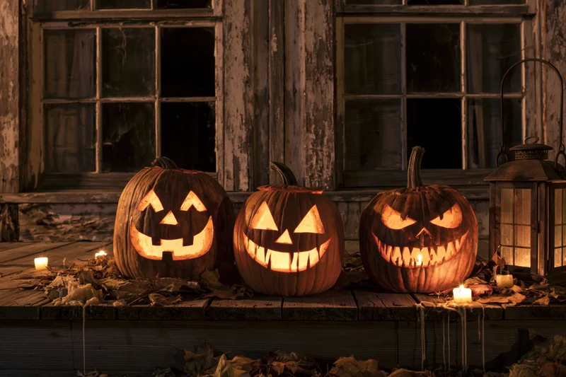 Three carved jack-o-lanterns glowing on a wooden porch at night