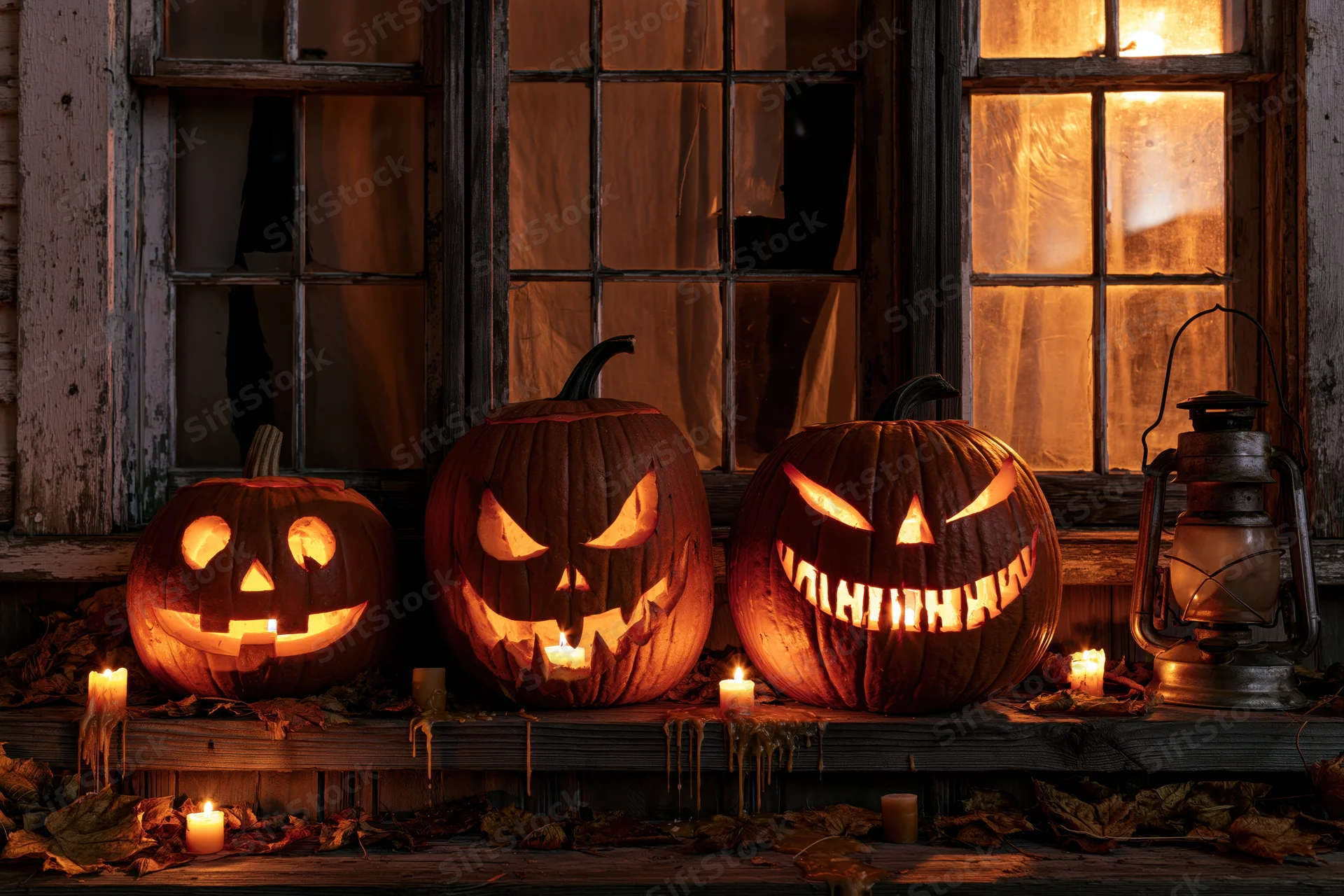 Three carved jack-o-lanterns glowing with candles on a wooden porch at night in front of a window