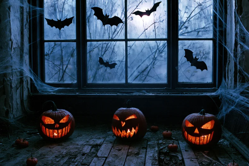 Three carved jack-o-lanterns glowing on a dusty wooden floor by a window with bats and spiderwebs