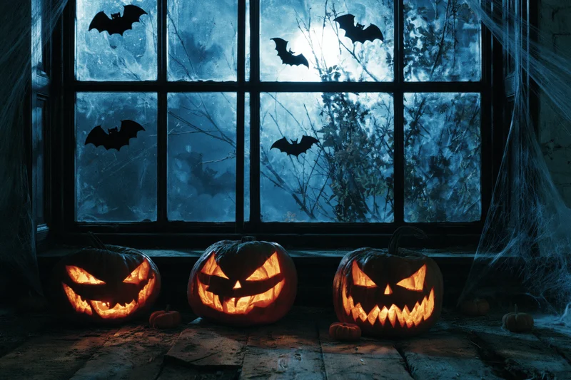 Three carved jack-o-lanterns glowing on a wooden floor by a window with bats and moon outside