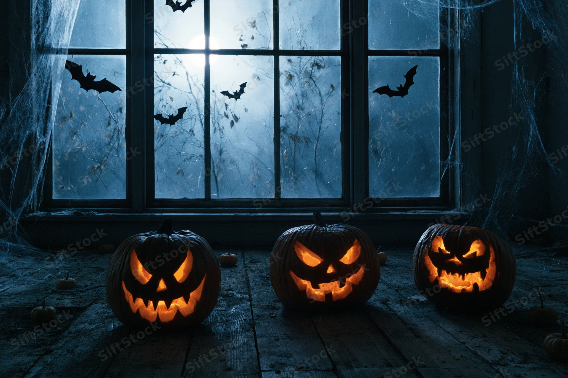 Three carved jack-o-lanterns glowing on a wooden floor by a window at night