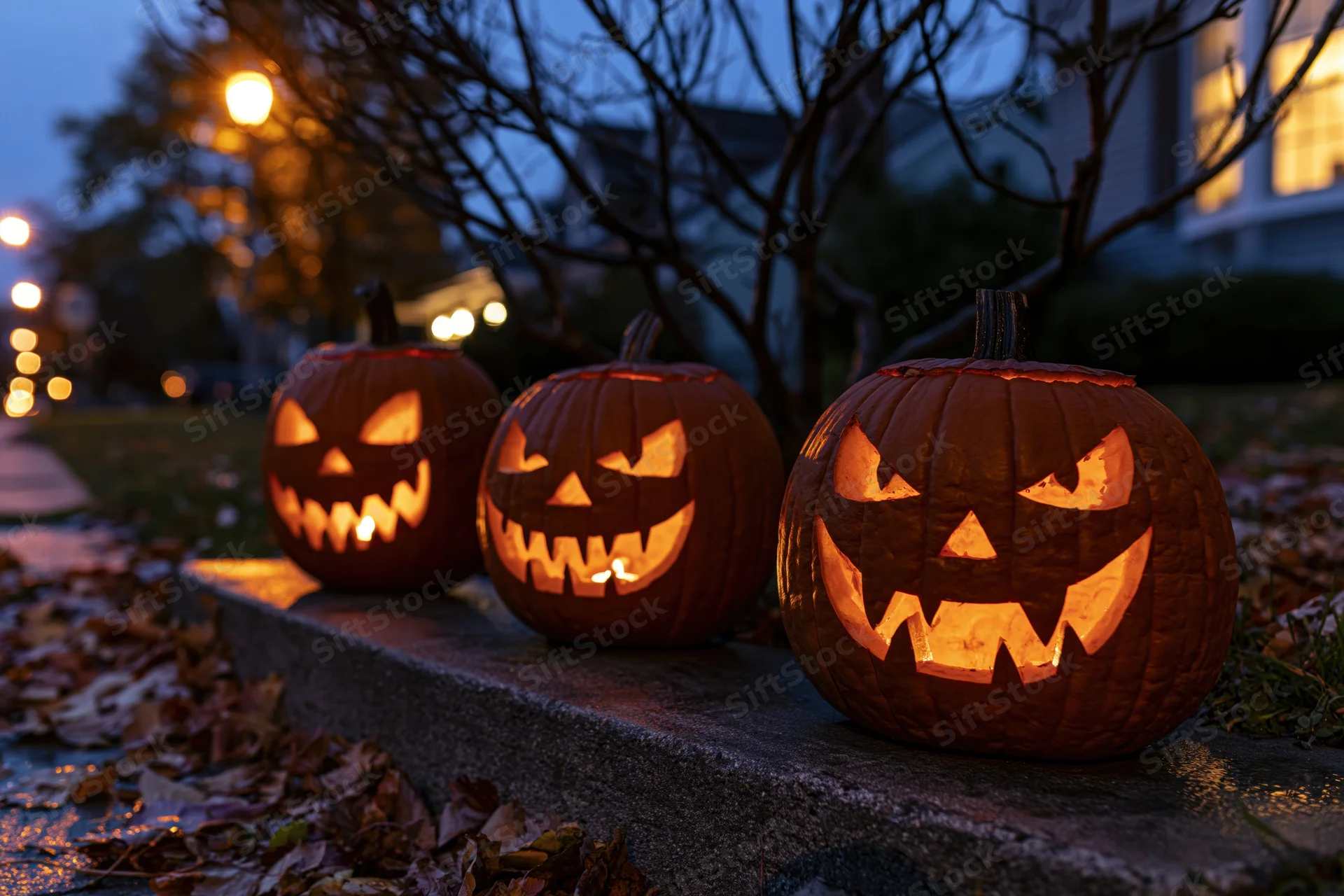 Three carved jack-o-lanterns with glowing menacing faces lined on concrete steps in front of a house at dusk