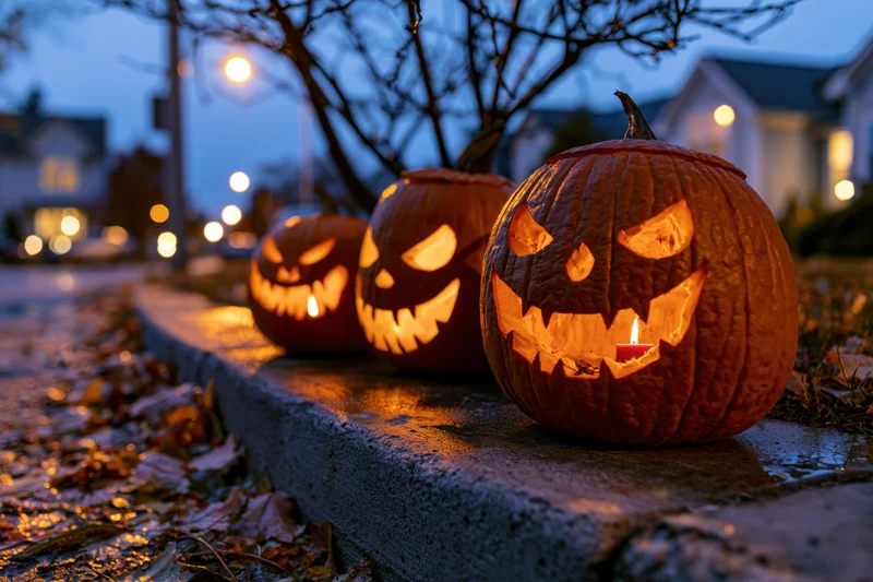 Three carved jack-o-lanterns with glowing menacing faces lined on a curb in a suburban front yard at twilight