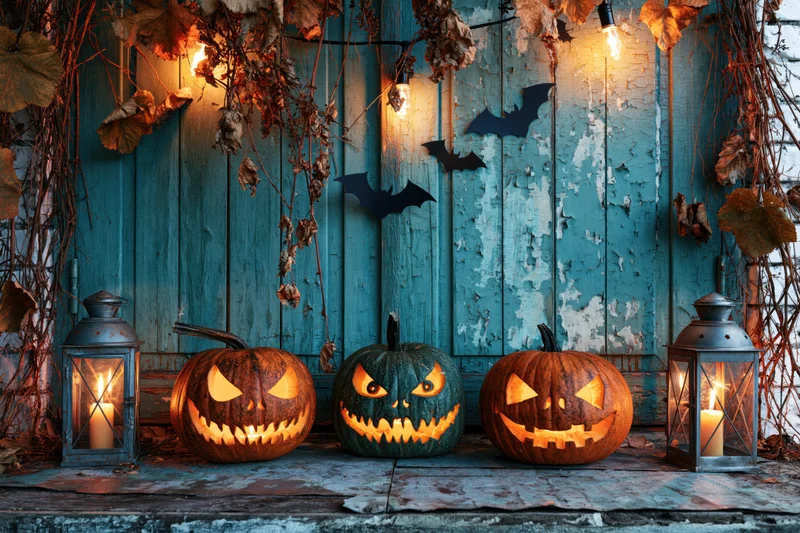 Three carved jack-o-lanterns with glowing orange faces arranged on a porch step in front of a weathered blue wooden door decorated with bats, lanterns, and dried vines for halloween