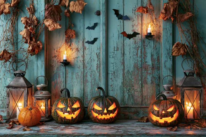 Three carved jack-o-lanterns with glowing orange faces arranged on a weathered teal wooden porch door flanked by lit lanterns and dried autumn foliage