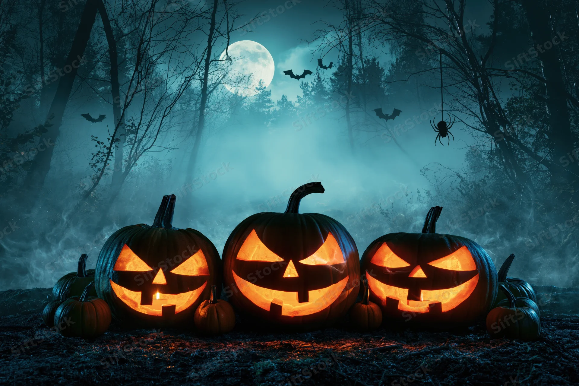 Three carved jack-o-lanterns glowing in a misty forest at night under a full moon