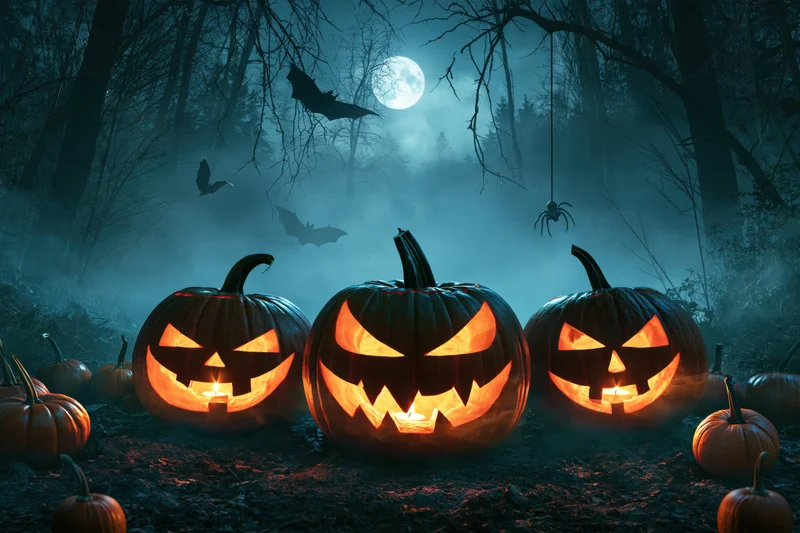 Three carved jack-o-lanterns glowing in a foggy forest at night with bats and a full moon