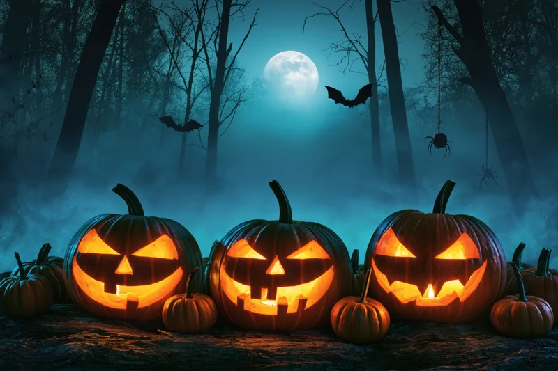 Three carved jack-o-lanterns glowing in a foggy forest at night with bats and spiders under a full moon