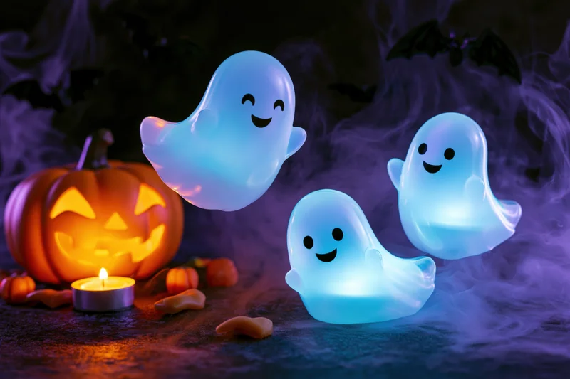 Three glowing cartoon ghosts floating near a carved pumpkin and candle in a smoky dark setting