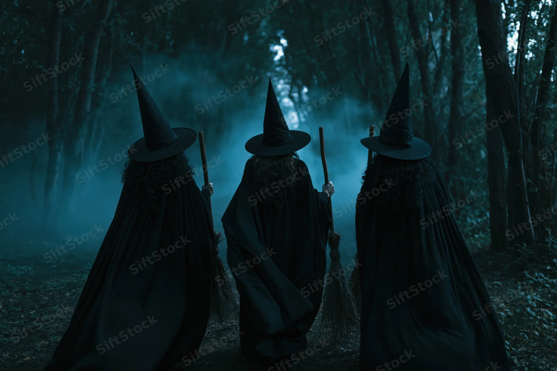 Three witches in black cloaks and pointed hats holding brooms, walking through a foggy forest at night