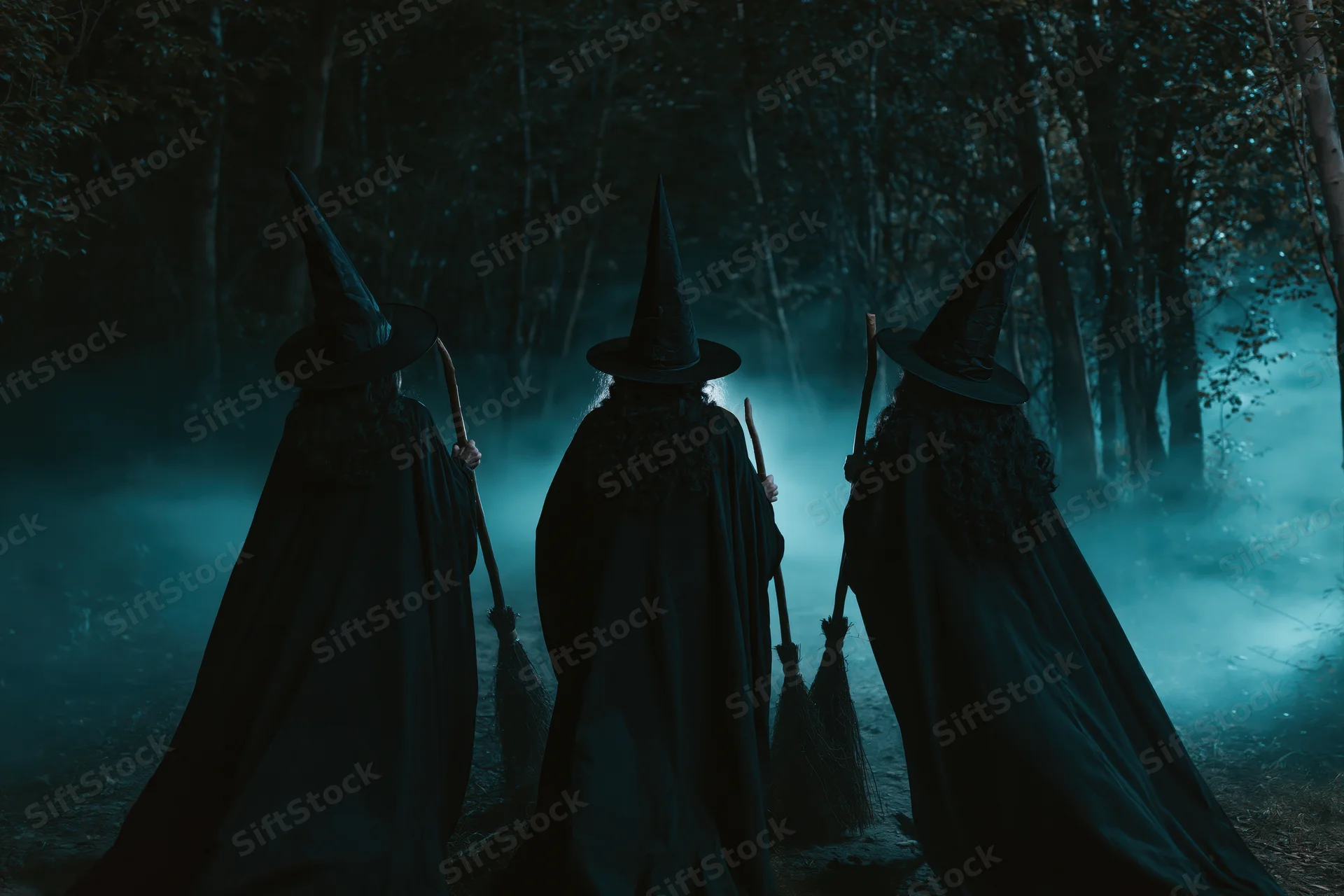 Three witches in black cloaks and pointed hats holding broomsticks in a foggy forest at night