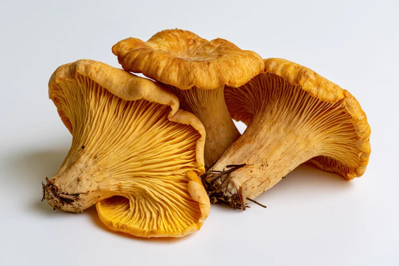 Three fresh chanterelle mushrooms clustered together on white background