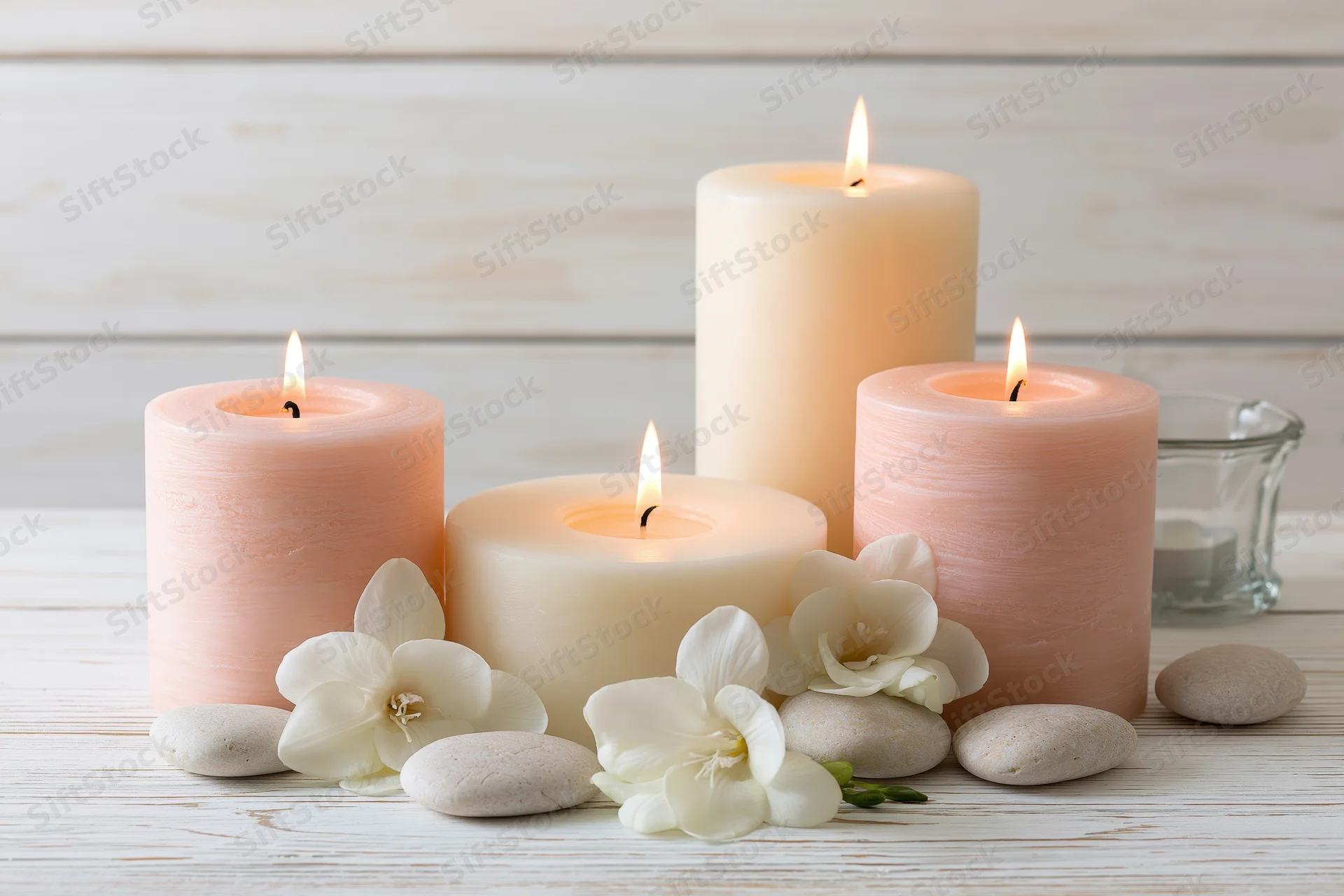 Four lit pillar candles in cream and blush tones arranged with white orchids and smooth stones on a whitewashed wooden table