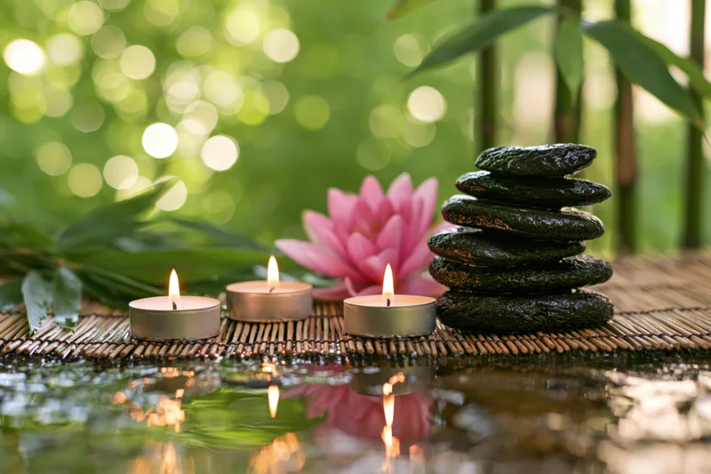 Lit tea light candles, pink water lily, and stacked stones on bamboo mat beside still water with green foliage background