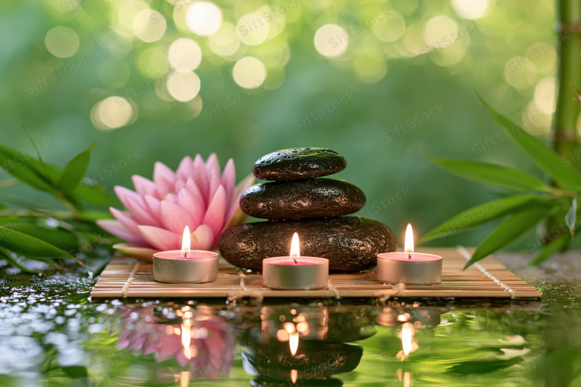 Three lit tea light candles, a pink water lily, and stacked stones on a bamboo mat floating on water with reflections and green foliage in the background
