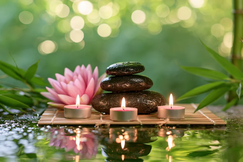 Three lit tea light candles, a pink water lily, and stacked stones on a bamboo mat floating on water with reflections and green foliage in the background