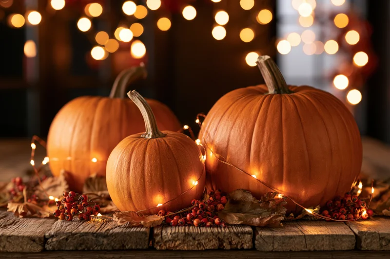 Three orange pumpkins arranged on a rustic wooden table with string lights and autumn foliage