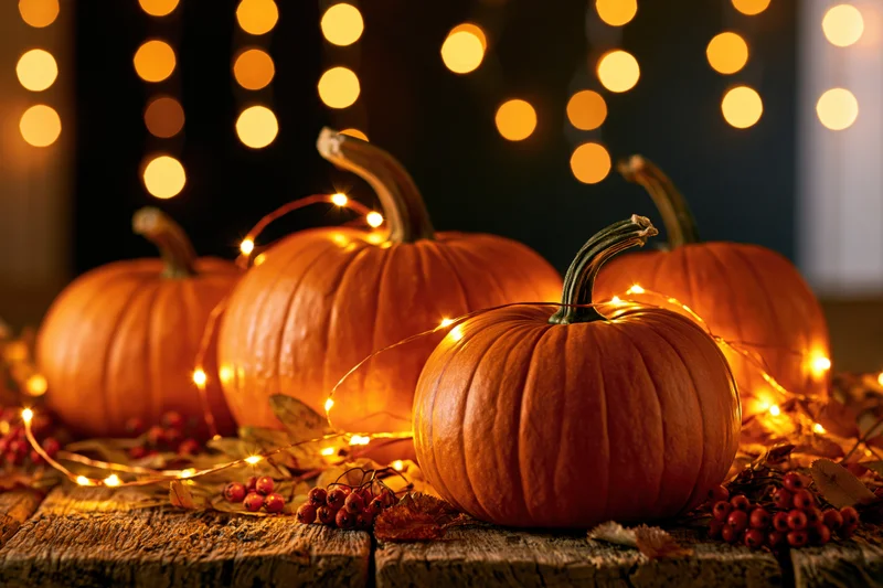 Three pumpkins arranged on a rustic wooden table with string lights and autumn foliage