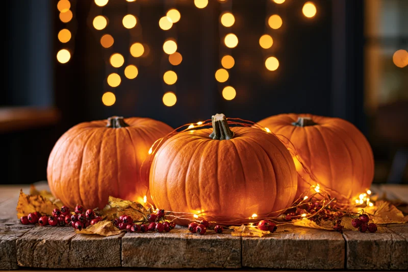 Three pumpkins with string lights and berries arranged on a rustic wooden table for autumn decoration