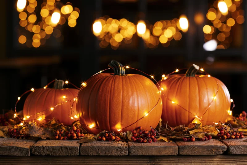 Three pumpkins wrapped in string lights on a rustic wooden table surrounded by autumn leaves and berries