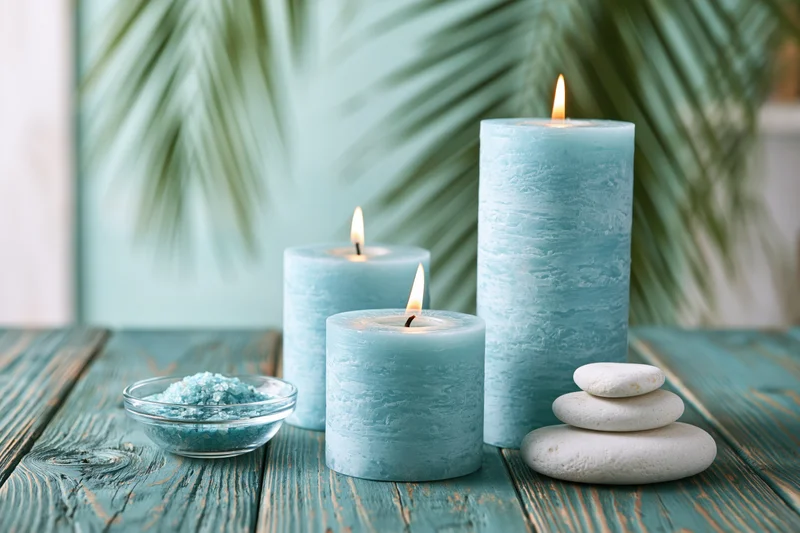 Three pale blue pillar candles with lit flames arranged on a wooden table beside stacked stones and a bowl of salt, with palm leaves in the background
