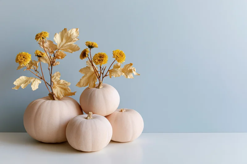 Pale blush pumpkins arranged on a white table with dried yellow flowers and leaves as autumn decoration