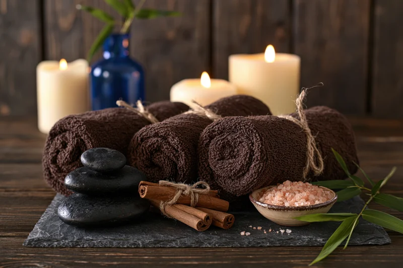 Rolled dark brown spa towels arranged on slate surface with hot stones, salt, cinnamon, bamboo leaves and lit candles in dim rustic setting