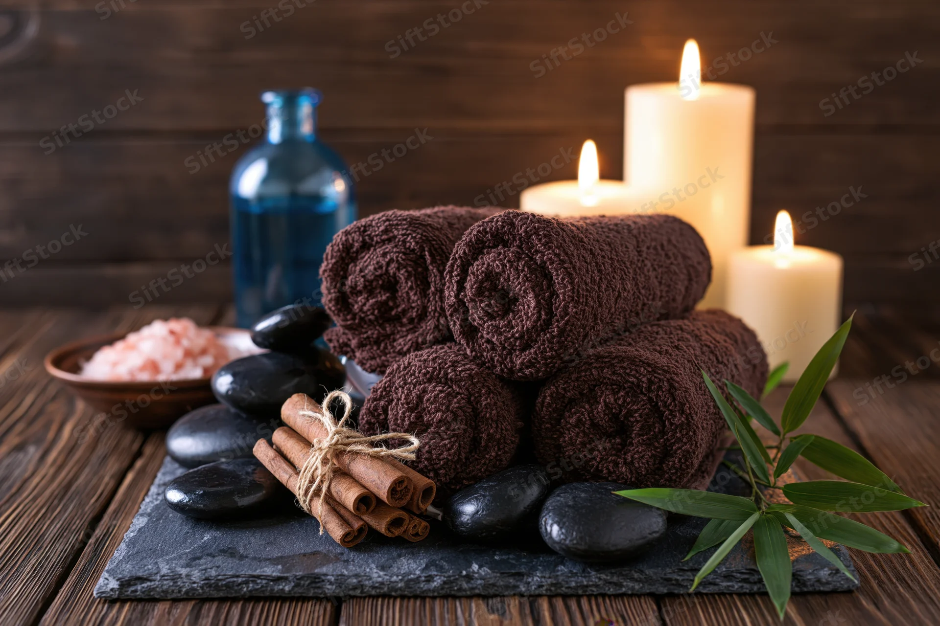 Rolled dark brown spa towels arranged on a slate surface with candles, stones, cinnamon, salt, and bamboo leaves on a wooden table