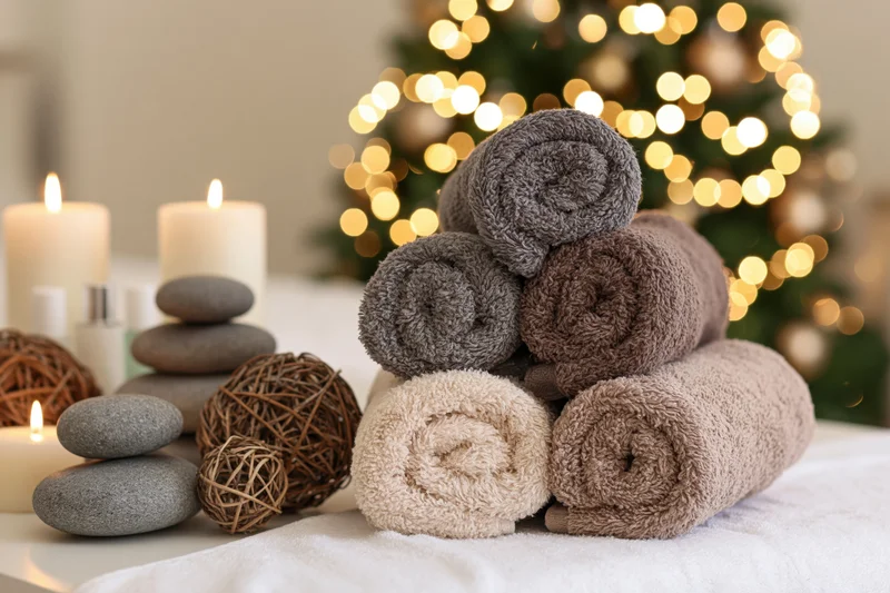 Rolled towels and candles on a table with christmas tree lights in background