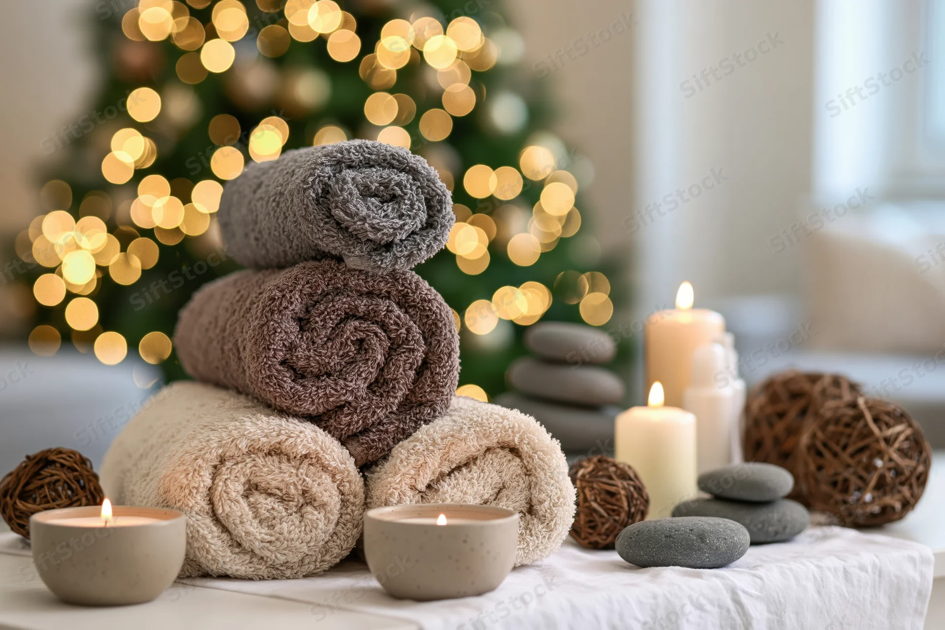 Rolled spa towels and candles arranged on a table with a lit christmas tree in the background