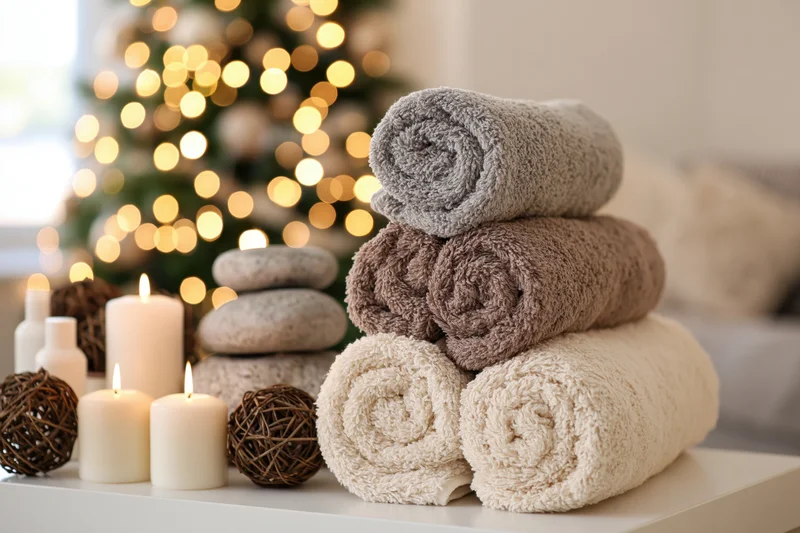 Rolled spa towels stacked on a white table beside candles and a lit christmas tree in a cozy home setting