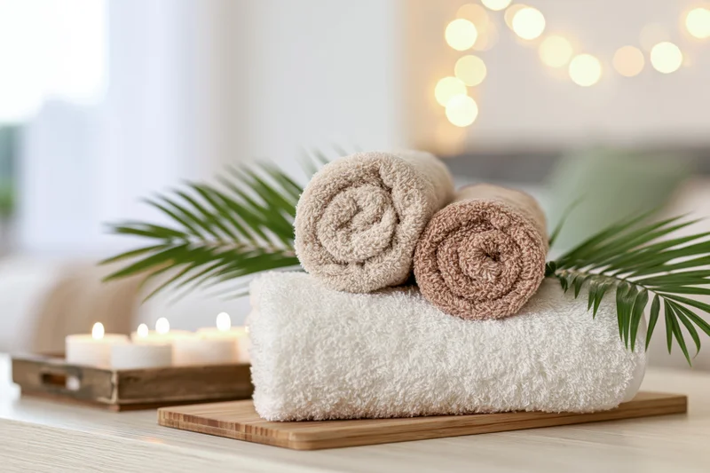 Rolled spa towels stacked on a wooden tray with candles and palm leaves on a table