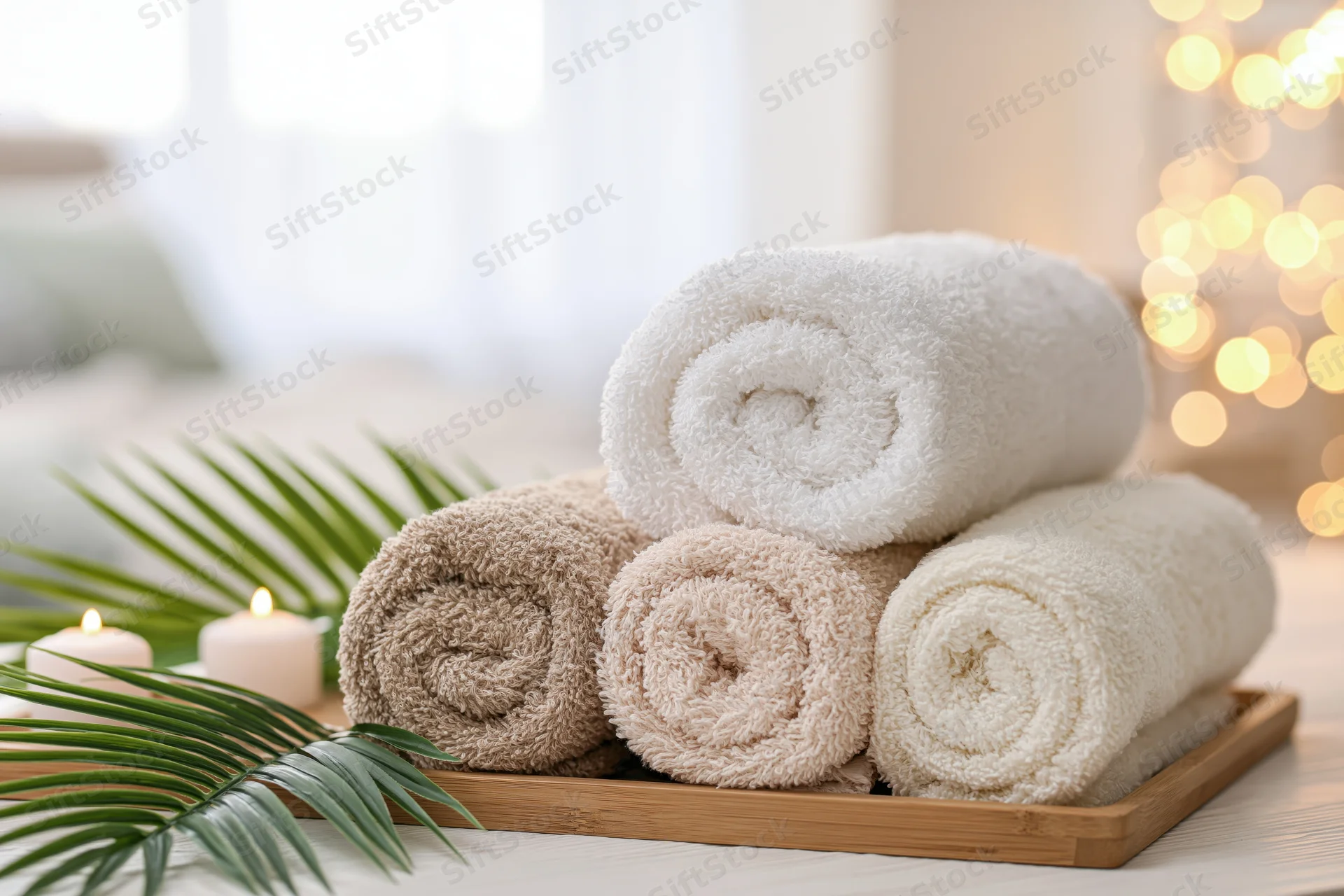 Rolled spa towels in white and beige stacked on a bamboo tray with palm leaves and candles in a cozy bathroom setting