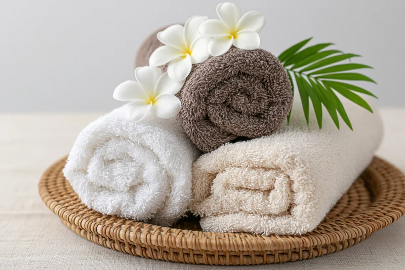 Rolled spa towels with frangipani flowers and palm leaf on a woven rattan tray