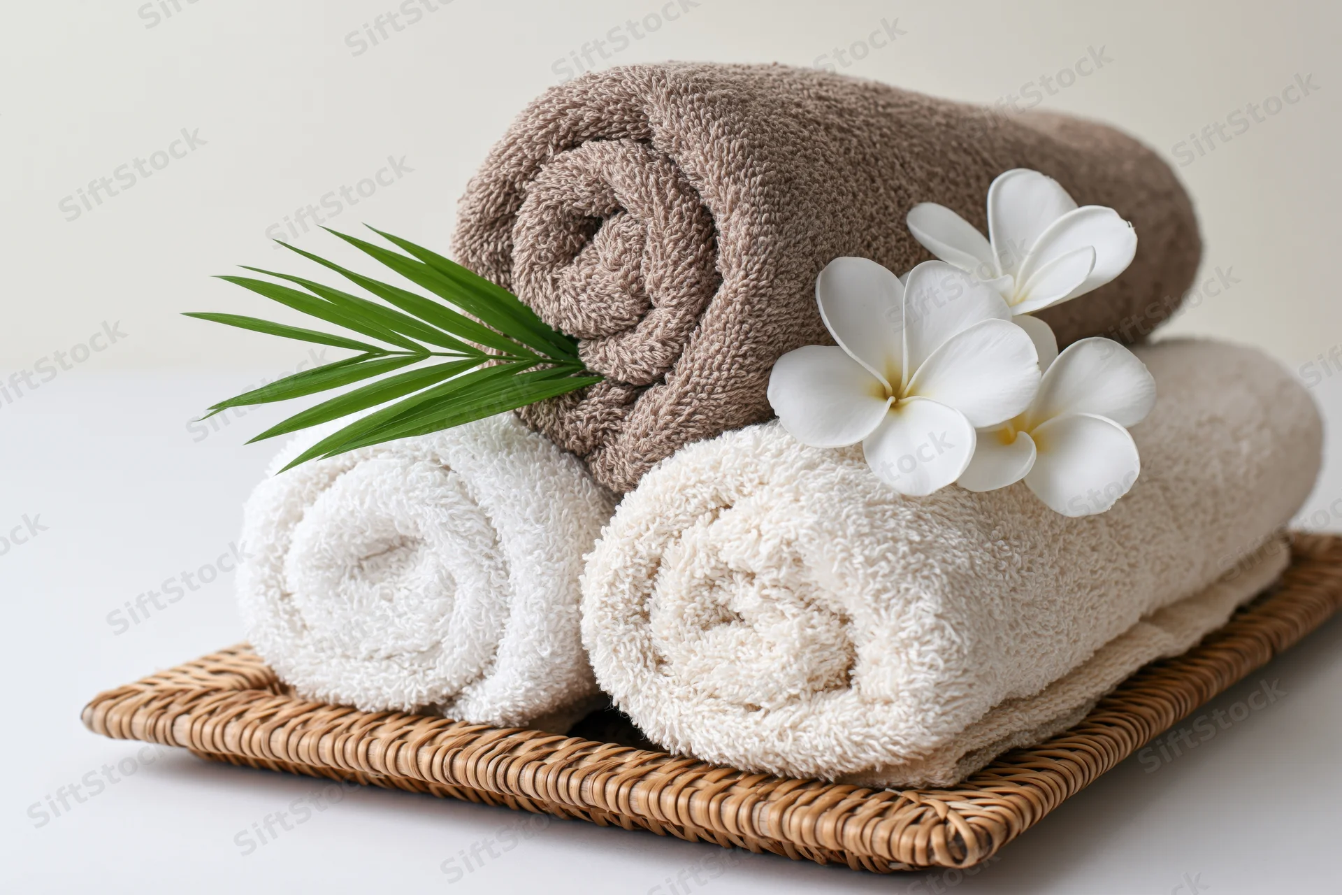 Rolled towels with frangipani flowers and palm leaf on a woven rattan tray