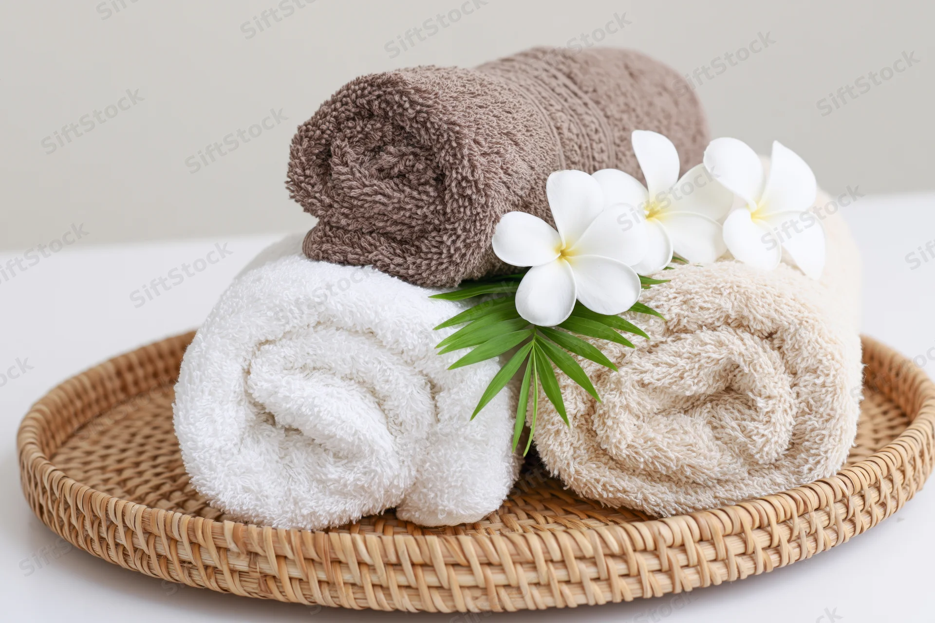 Three rolled spa towels stacked on a woven rattan tray with white plumeria flowers and green leaves
