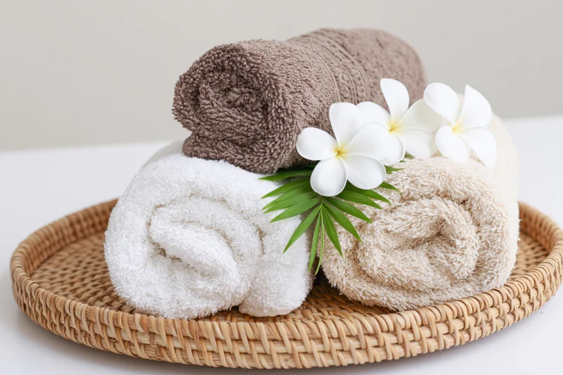 Three rolled spa towels stacked on a woven rattan tray with white plumeria flowers and green leaves
