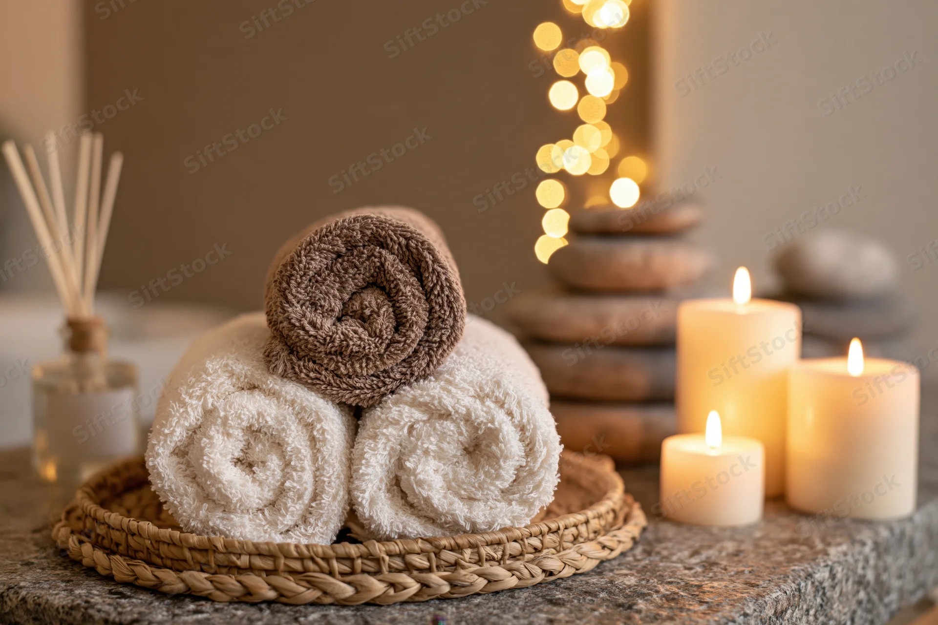 Rolled spa towels on a woven tray beside lit candles and stacked stones in a tranquil setting