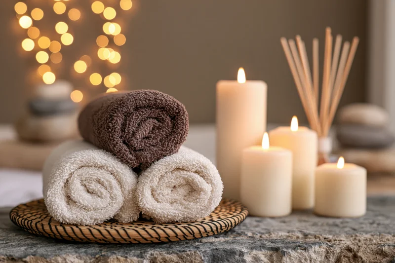 Rolled spa towels on a woven tray beside lit candles and a reed diffuser on a stone surface