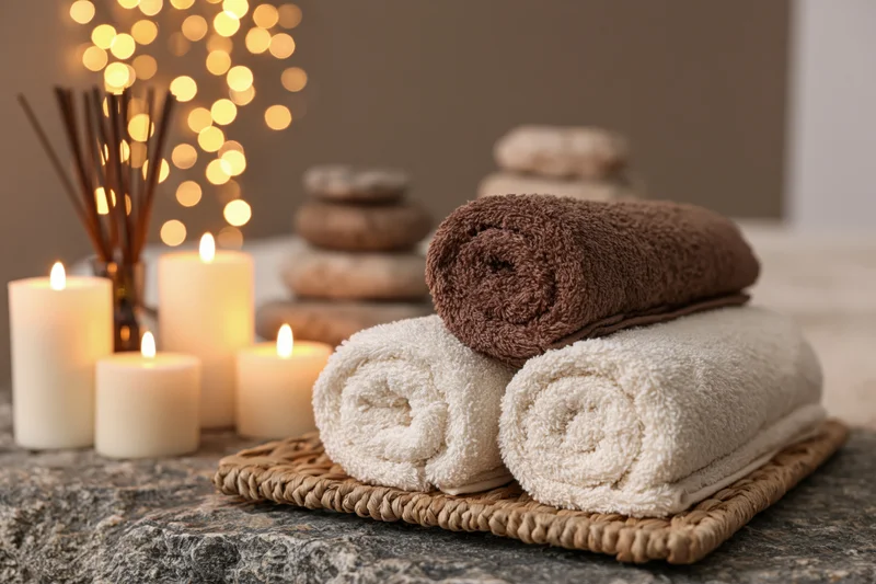 Rolled towels on a woven tray beside candles and reed diffuser on stone surface