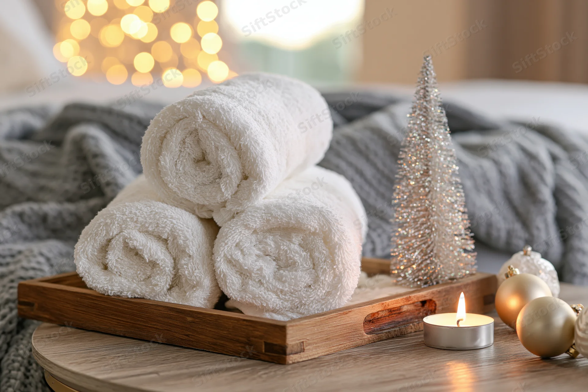 Three rolled white cotton towels stacked on a wooden tray beside a lit candle and christmas decorations on a bed with a gray knit blanket