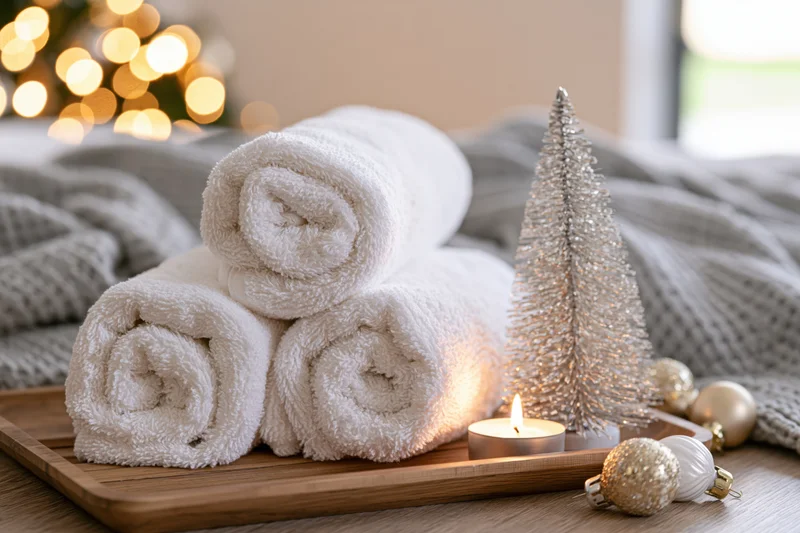 Rolled white towels on wooden tray with candle and christmas ornaments on bed