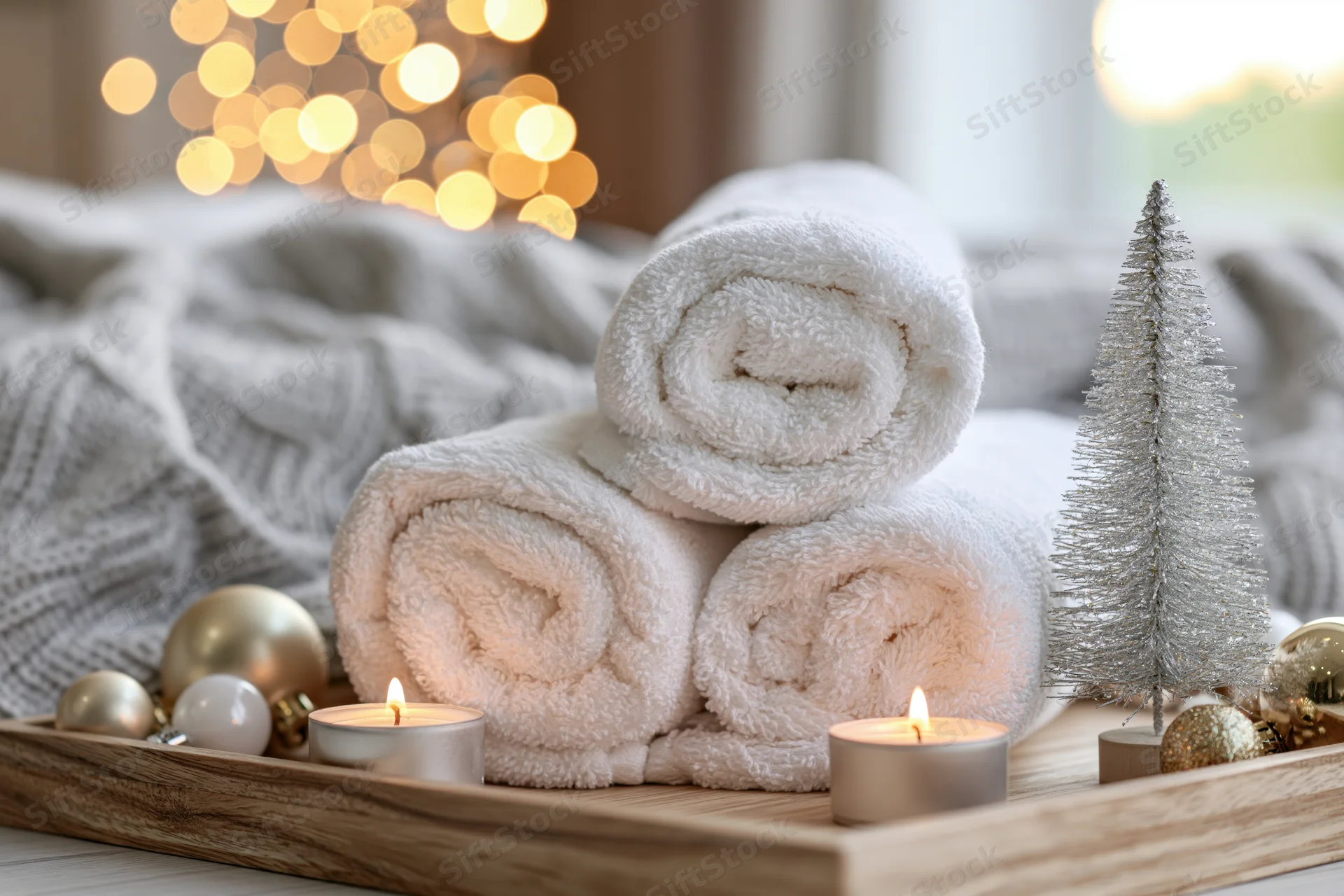 Rolled white cotton towels stacked on a wooden tray with lit candles and christmas ornaments in a cozy home setting