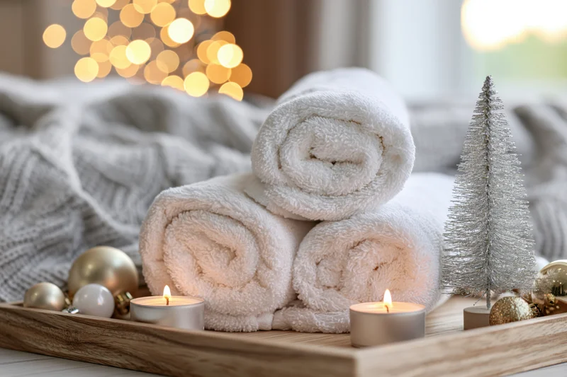 Rolled white cotton towels stacked on a wooden tray with lit candles and christmas ornaments in a cozy home setting
