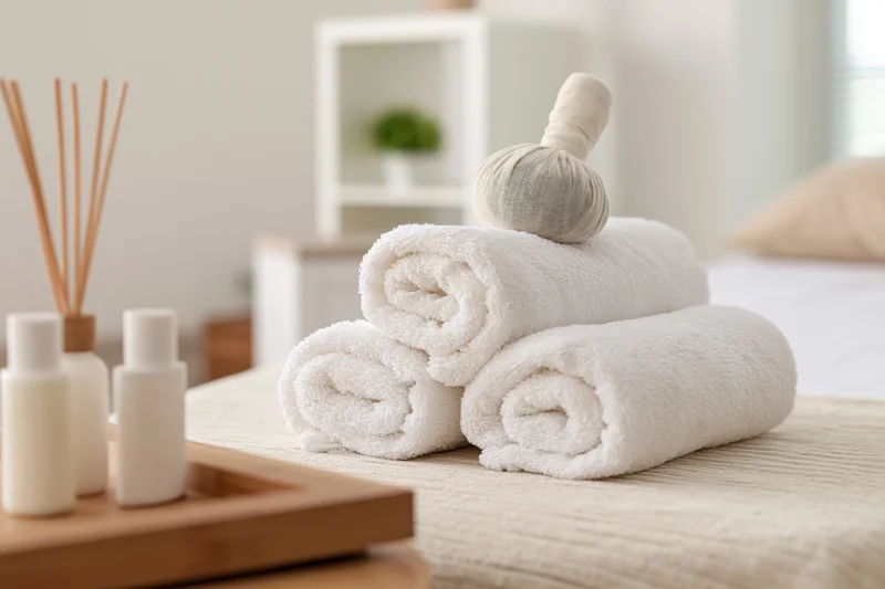 Rolled white spa towels stacked on a massage table with diffuser and bottles nearby