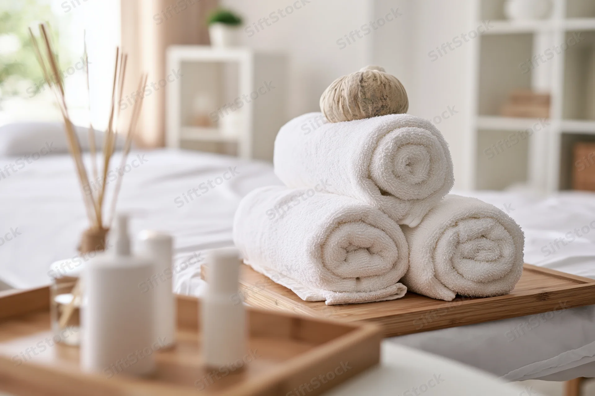 Rolled white spa towels stacked on a bamboo tray beside a massage bed with diffuser and bottles